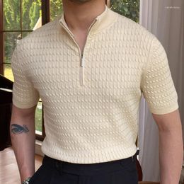 Men's T Shirts Solid Color Business Leisure Herren Pullover Spring Knitted Short Sleeved Zipper Men's Slim Pull Homme Fashion