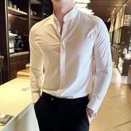 Men's Casual Shirts Camisas De Hombre Dark Stripes Long Sleeve For Men Fashion Stand Collar Slim Fit Drape Formal Social Shirt&Blouse