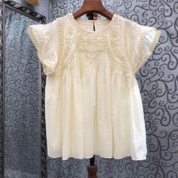 Women's Blouses Cotton 2023 Summer Style Women Appliques Embroidery Shor Sleeve Casual Loose Tops Black Beige Green