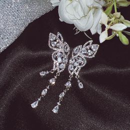 Stud Earrings European Fashion Fine Woman GirlBrideMother Party Birthday Wedding Gift Shiny Butterfly Zircon 18KT White Gold