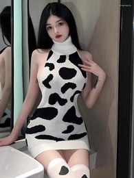 Casual Dresses Spring And Summer Women's Sexy Temptation Wrap Hip Open Back Cow Strap High Neck Fashion Sweater Knitted Mini Dress 8863