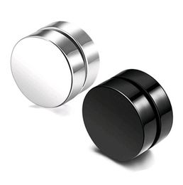 Punk Fake Mens Stud Earrings Black Silver Stainless Steel Magnet Round Ear Clip for Men Women Mix size 6mm 10mm 12mm2614599