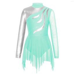 Stage Wear Kids Girls Figure Skating Dance Performance Dress Ballet Gymnastics Leotards Tutu Dresses Long Sleeve Shiny Rhinestone Dancewear