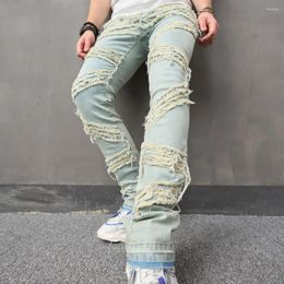 Men's Jeans High Street Men Stylish Stacked Spliced Slim Biker Male Hip Hop Motorcycle Straight Solid Denim Pants