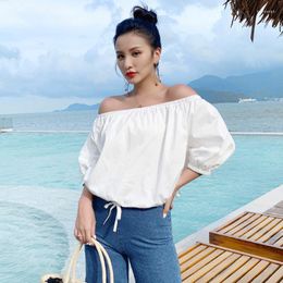 Women's Blouses Korean Women Streetwear Off Shoulder Tops Sweet Slash Neck Half Sleeve Cotton Shirts Bohemian Holiday Blouse