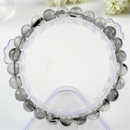 Strand 7.5mm Genuine Brazil Natural Grey Needle Hair Rutilated Quartz Crystal Stretch Charm Transparent Round Bead Bracelet