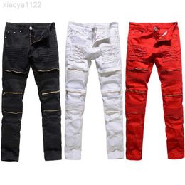 2023Trendy Mens Destroyed Ripped Jeans Black White Red Fashion College Boys Skinny Runway Straight Zipper Denim Pants Jean
