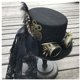 Wide Brim Hats Bucket Hats Fashion Women Handmade Steampunk Top Hat With Gear Glasses and Lace Stage Magic Hat Party Hat Size 57CM Steampunk Hat 230422