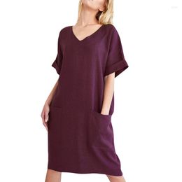 Casual Dresses Loose Summer Dress For Women 2023 V-neck Short Sleeve Pockets Knee-Length Midi Female Cotton Vestidos