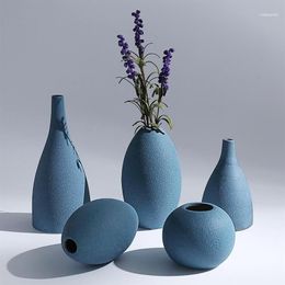 Vases Blue Black Grey 3colors European Modern Frosted Ceramic Vases flower Receptacle Tabletop Vase home Ornaments Furnishing Art251v