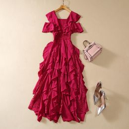 2024 Spring Pink Solid Colour Ruffle Floral Lace Dress Off Shoulder Square Neck Panelled Midi Casual Dresses S3N161116