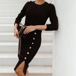 Casual Dresses Women Dress Buttons Knitted Autumn Winter Pure Colour Hip Wrap For Daily Wear