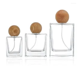 Storage Bottles Sub-Bottling Square Perfume Bottle Spherical Wood Cap Spray High-End Glass Wholesale