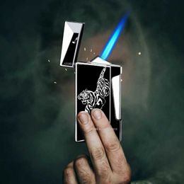 Lighters New Unusual Side Pressed Flush Turbo Lighter Electric Blue Flame Men's Portable Gadget smoking accessories Birthday Gift