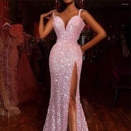 Party Dresses 2023 Sexy Pink Sequins V Neck Sling Prom Long Style Side High Split Tail Glamorous Luminous Evening Gowns