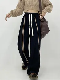 Women's Pants Sweatpants Women Black Drawstring Irregular Striped Patchwork Casual Full Length Wide Leg Trousers Spring Streetwear