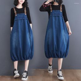 Casual Dresses Vintage Loose Straight Women's Denim Dress Oversized Plus Size Mom Jeans Suspender Lantern Long Vestidos Mujer