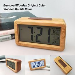 Wooden Digital Alarm Clock Sensor Night Light With Snooze Date Temperature Clock LED Watch Table Wall Clocks314D
