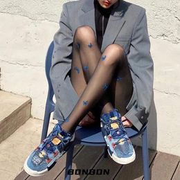 Women Socks Pantyhose Women's Leg Shaping Breathable Blue Butterfly Embroidered Anti-Snagging Arbitrary Cut Printed Ultra-Thin SpringSummer