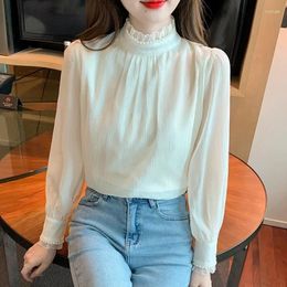 Women's Blouses Elegant Long Sleeve Beading Chiffon Shirt Women 2023 Autumn Winter Blusas Korean Stand Collar Ladies Puff Tops