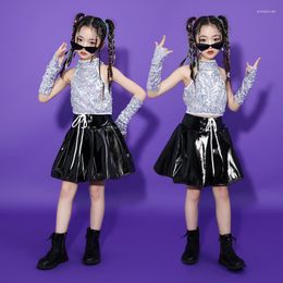 Stage Wear Teenage Girls Sequined Showing Outfits Hip Hop Clothing Crop Tank Tops Skirt For Kids Jazz Dance Costume Street Clothes