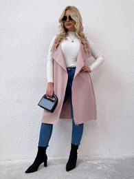 Outerwear Women's Plus Size & Coats 4XL Pink Trench Coat Woman Sleeveless Turn-down Collar Midi Overcoat 2023 Autumn Elegant Office Ladies O