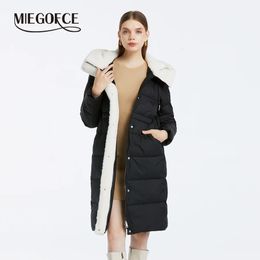 Women's Down Parkas MIEGOFCE 2023 Winter Collection Simple Long Coat Hooded Windproof Jacket Faux Fur Stitching Design Casual Parka D23736 231123