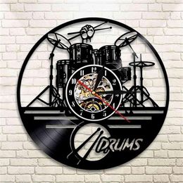 Guitar Drums Set Silhouette LED Backlight reloj Music Modern Vinyl Watch 3d Wall Clock horloge Band Member Fan Handmade Gift 21040284A