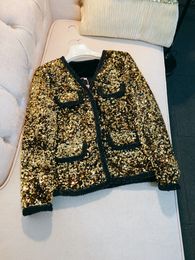 Autumn Gold Black Contrast Color Panelled Sequins Jacket Long Sleeve Round Neck Classic Jackets Coat Short Outwear M3O113802