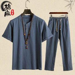 Ethnic Clothing Men's Summer Plus Size Cotton Linen Suit Short-sleeved T-shirt Pants Two-piece Packed Islam Muslim Clothes Man