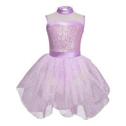 Vestidos da menina Kid Meninas Figura Patinação Dança Vestido Lyrical Ballet Ginástica Traje Sem Mangas Lantejoulas Tulle Tutu Leotard Performance Dancewear 231124