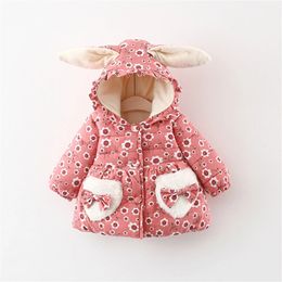 Jackets Winter Girl Cotton Coat Small Flower Love Bow Pocket Rabbit Ear Hooded Button Long Sleeve Plush Thickened 231123