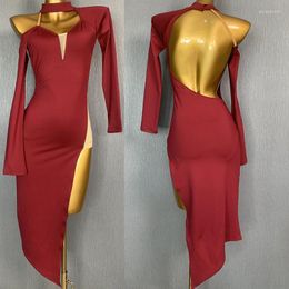 Stage Wear Burgundy Latin Dance Dress Women Long SLeeves Backless Sexy Performance Costume Adult Rumba Practise Dancewear DNV17297