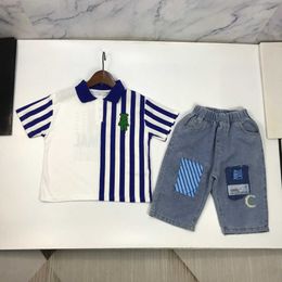 23ss kid sets kids designer clothes baby set boys lapel fringe bear logo printing short-sleeved t-shirt Elastic waist Denim shorts suit High quality baby clothes