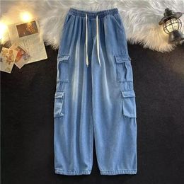 Men's Jeans Solid Color Cargo Clothing Spring Summer Elastic Waist Straight Pants Lace-up Multi-pocket Loose Trousers A041