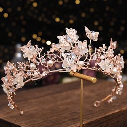 Bridal Pearl Crystal Rhinestone Crown Butterfly Flower Hairband Wedding Party Hair Accessories Princess Birthday Tiara Hair Hoop