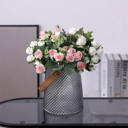 Decorative Flowers Bouquet White Red Rose Eucalyptus Leaves Arrangement Fake Flower DIY Home El Party Wedding Decoration Wreath