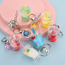 Keychains Fashion Creative Floating Fruit Strawberry Pineapple Milk Tea Cup Keychain Into Oil Small Pendant Bag Hanging Ornament Wholesale