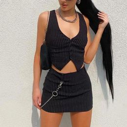 Work Dresses Women Fashion Gothic Black Stripes Vest Skirts Set V-neck Buttons Corset Tops And Mini Summer Bodycon Outfits Streetwear