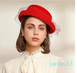 Beret Exquisite Elegant Wool Hat Banquet Top Basin Fashion Ribbon Gauze Navy Blue