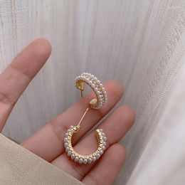 Dangle Earrings Vintage Imitation Pearls Design C Letter Full Zircon For Women Luxury Exquisite Gold-Color Elegant Party Stud