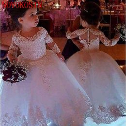 Girl Dresses 2023 Cute Jewel Neck Lace Flower Girls Dress Long Sleeves Tulle Beaded Communion Pageant Gowns Cover Button