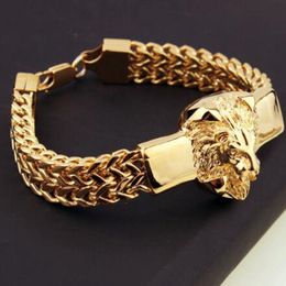 Charm Bracelets Domineering Alloy Lion Head Bracelet Men Stainless Steel Gold Color Franco Link Chain Luxury Man Bracelet Gift 230424