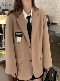 Women's Suits Spring Autumn Blazer Label Patch Design Casual Suit Jacket Loose High-end Khaki Button-up Coat Office Lady Streetwear