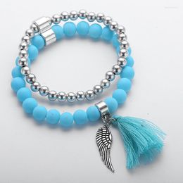 Strand Fashion MaGlass Beads Bracelets With Alloy Wing & Tassle Charm Bracelet Ladies Stretch