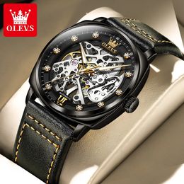 Other Watches OLEVS Men's Top Brand Hollow Out Automatic Mechanical Wristwatch Waterproof Luminous Leather Strap Watch for Man Fashion 231123