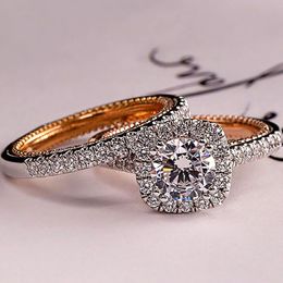Cluster Rings Huitan Luxury Engagement Rings for Women 2PcsSet Shiny Cubic Zircon Novel Design Two Tone Elegant Female Jewellery Rings Dropship 230424