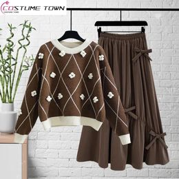 Two Piece Dress Winter Plus Size Flower Decoration Knitted Sweater Pullover Fold Half Skirt Elegant Women s Set 231123