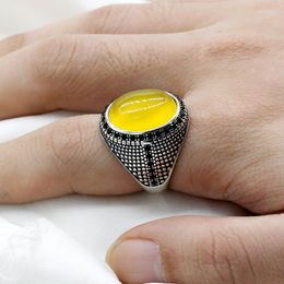 Cluster Rings Pure 925 Sterling Silver Yellow Agate Ring For Men Natural Gemstone With Black Zircon Punk Turkish Handmade Jewelry Gift