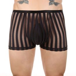 Men S Sexy Underwear See Through Transparent Striped Boxer Shorts Breathable Mesh U Convex Bulge Pouch Panties